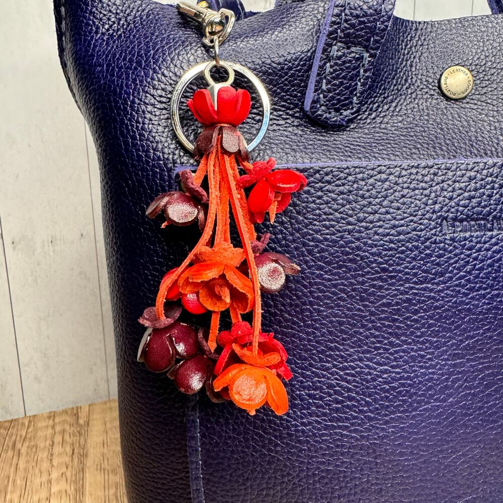 Flower Purse Charm Genuine Leather Bag Charm Red Orange Flower Bouquet FAST SHIP